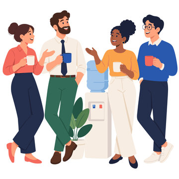 Coworkers chatting with mugs around an office water cooler