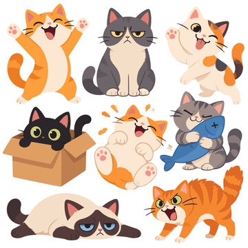 Set of playful cartoon cats with one peeking from a box