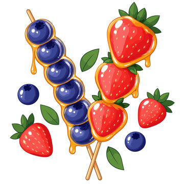 Hand drawn strawberry and blueberry skewers with glossy drips