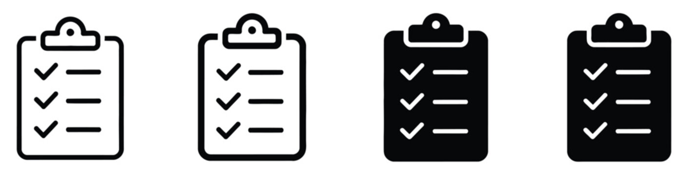 Clipboard icons set. Checklist document symbol. Simple pictogram for task management, survey report, project audit, to-do list, completed task, and website design.
