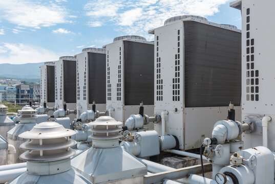 Row of Air Conditioner Outdoor Units on Commercial Rooftop