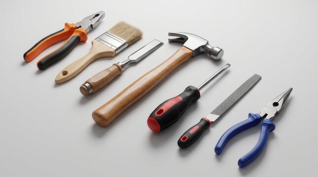 Carpentry hand tools collection rests neatly aligned on flat neutral surface. Assorted manual implements include claw hammer, wood chisel, paintbrush, slotted screwdriver and steel file.