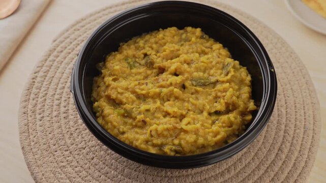 Freshly Cooked Yellow Moong Dal Khichdi with Turmeric Served Hot in a Black Bowl, Close-Up Food Shot.