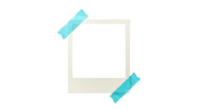 Blank polaroid frame taped with blue masking tape isolated on transparent background