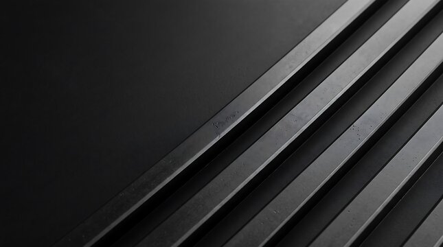 Diagonal graphite ridges forming abstract architectural pattern with sharp shadows and minimalist dark grey textured surface