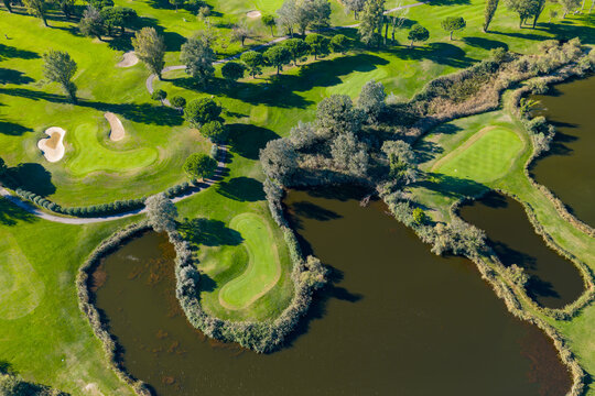 Aerial view of greens and water hazards at Golf International de La Grande-Motte, H&eacute;rault, South of France