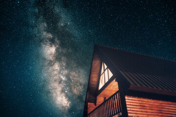 Fototapeta premium Wooden cabin illuminated at night, standing out against a dark sky filled with countless stars and the visible Milky Way galaxy