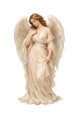 Fototapeta premium Ethereal angel with flowing gown and wings, standing gracefully.