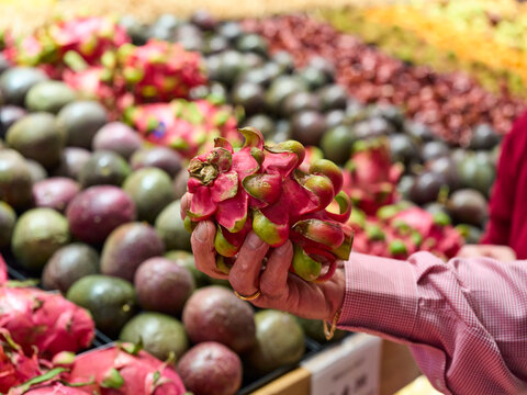 Hand Holding Dragon Fruit in a Grocery Store With Fruit Displays