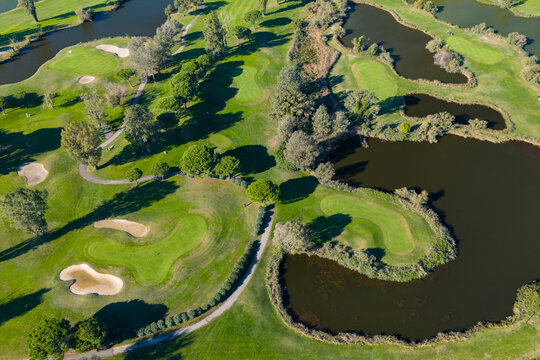 Aerial view of greens and water hazards at Golf International de La Grande-Motte, H&eacute;rault, South of France