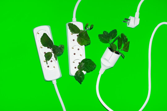 Conceptual image of green renewal energy. Leafs growing from cords