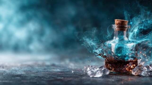 A mysterious bottle filled with swirling smoke and ice cubes casts an enchanting aura, inviting curiosity and imagination, making it ideal for fantasy and creative themes.