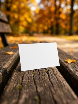 Blank white card rests on a weathered wooden park bench surrounded by autumn foliage.