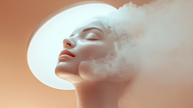 Surreal portrait of a woman's face dissolving into white smoke against a warm glowing light