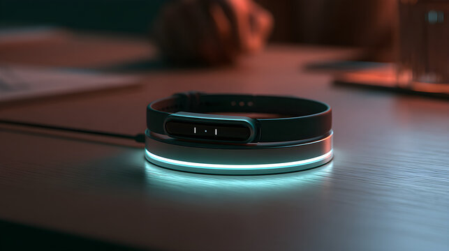 Wearable AI Device Glowing Softly Charging On A Wireless Charging Pad