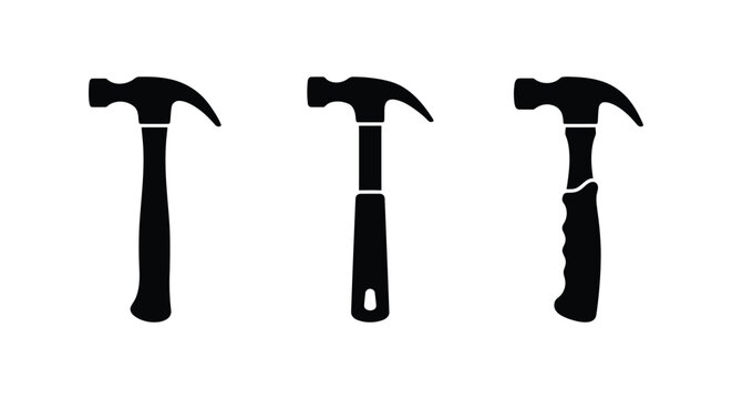Three black hammer silhouettes are displayed against a white background showcasing tool variations construction carpentry craft