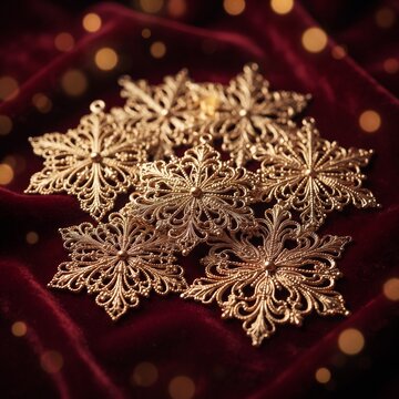 Golden snowflake decorations on red velvet background