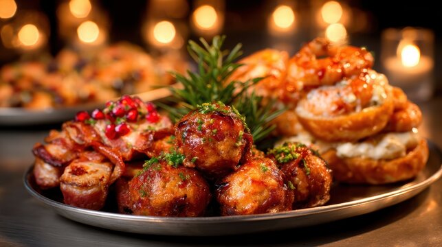 A vibrant platter showcasing an array of gourmet appetizers, artistically presented to highlight culinary creativity and the joy of sharing delightful flavors with others.