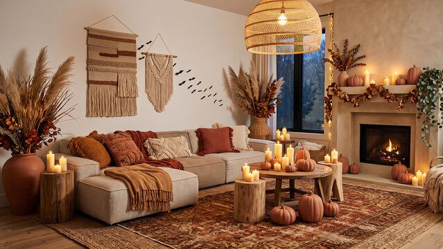 Cozy living room decorated for autumn with pumpkins couch and fireplace and warm lighting.