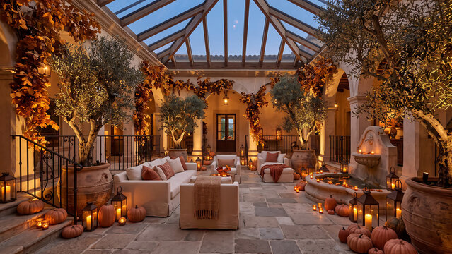 Elegant courtyard patio with pumpkins and lanterns for festive autumn outdoor celebration.