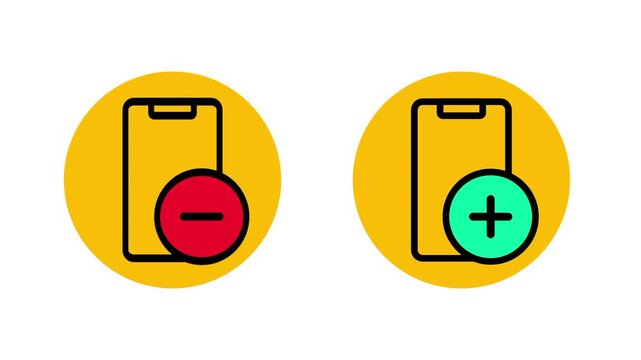 Two yellow circle icons showing a smartphone with a minus and a plus sign, ideal for adding or removing devices, apps, users and device management
