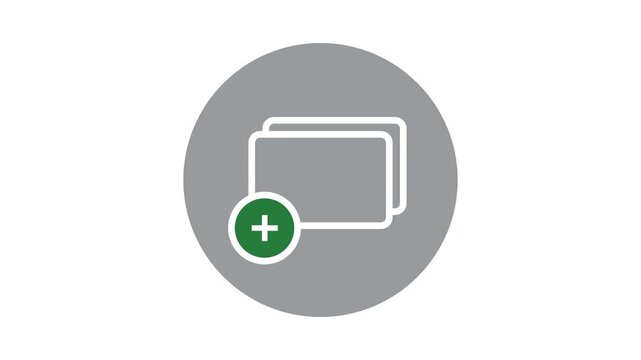 Gray circle icon with stacked windows and a green plus sign, ideal for adding a screen, duplicate layer, new tab, window management and app interface