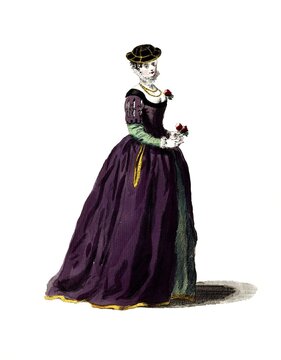 Historical clothing, fashion through the ages, style of dress of an English lady of standing in 1577, England, digitally restored reproduction of a model from the 18th/19th century, exact date unknown, woman in black and purple dress with bouquet of flowers, Victorian elegance