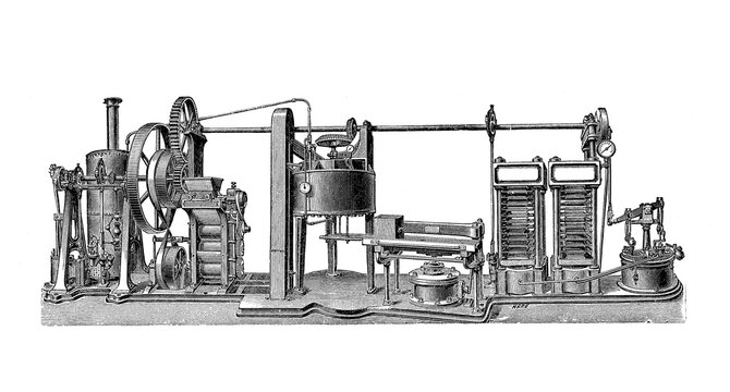 An oil mill according to the Anglo-American system by R. P. fisherman & Co. Hamburg, it presses different oil seeds, industrial product from year 1880, Historic, digitally restored reproduction of an original from 19th century, exact original date not known, Germany