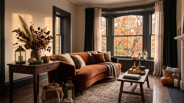 Elegant living room with velvet sofa and large bay window overlooking autumn foliage.