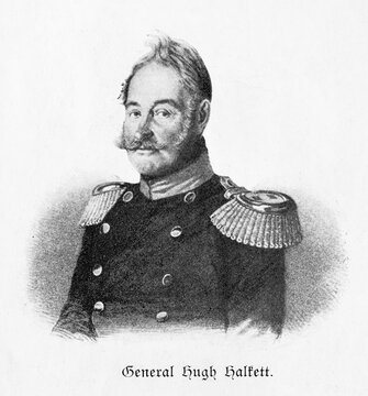 British Hanoverian General Hugh Halkett in uniform with epaulettes in a dignified pose, black and white portrait, print with visible halftone dots, historical illustration from 'Zur Erinnerung an die K&ouml;niglich Hannoversche Armee und ihre Stammtruppen', commemorative sheet for the celebration of 19 December 1903, Meisenbach, Riffarth & Co, Great Britain, Germany