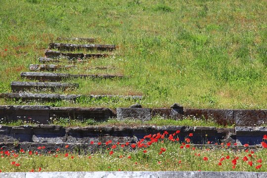 Remains of the audience tiers, steps, The Theatre, Pompeii, ancient city in Campania on the Gulf of Naples, buried during the eruption of Mount Vesuvius in 79 AD, Italy