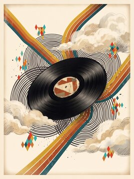 Vinyl Record Floating in a Rainbow Cloud Collage. AI generative
