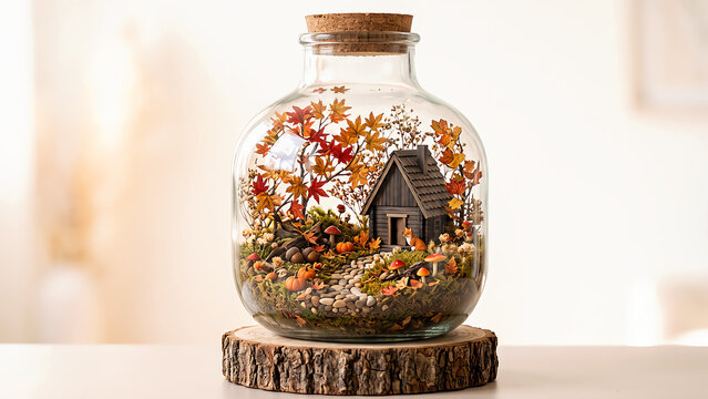 Enchanting autumn diorama with miniature house, fox, pumpkins, and foliage in a bottle.