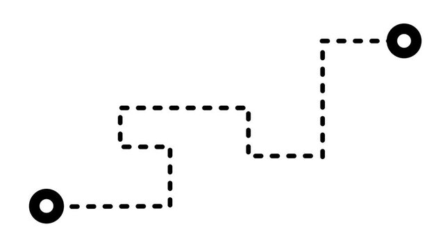 Dashed line route illustration showing a zigzag path from a starting point to a destination marker on a clean white background for travel concepts