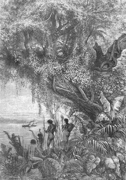 Natives watching the first steamboat on the Amazon, 1860, Brazil, Historic, digitally restored reproduction of an original 19th century painting, exact original date unknown