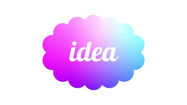 Colorful gradient cloud shaped bubble with the word idea in bold italic white text blending pink purple and blue tones on a clean white background