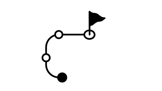 Curved route path illustration with a black start dot, outlined waypoints and a flag marker at the destination on a white background for goal concepts