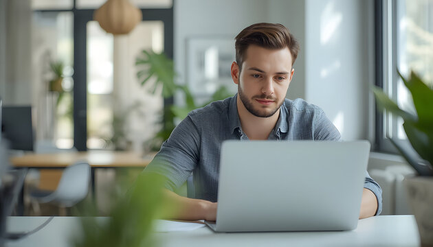 Young Professional Working on Laptop in Sunlit Home Office