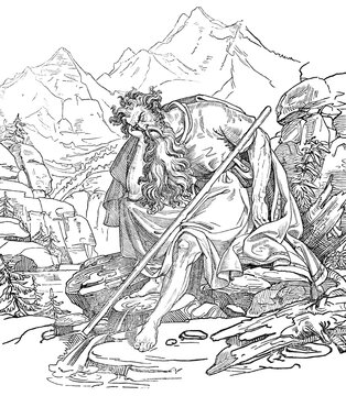 Folk tale of the giant in the mountains, giant full of sorrow sitting on rocks by a stream, propping up his old face, tangled hair, beard, walking stick, legendary figure, fairy tale, woodcut illustration, Swiss calendar for 1848