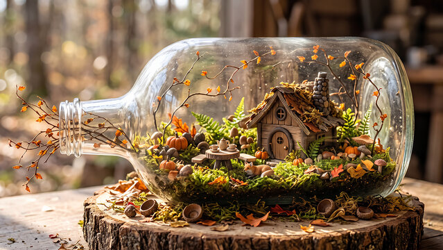 Fairy tale bottle house diorama with tiny pumpkins and woodland creatures.
