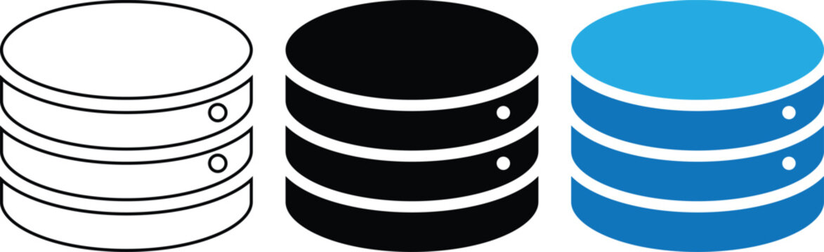 Database icon set with stacked data storage cylinders in outline, solid and blue duotone styles, symbolizing information management, servers and digital technology.
