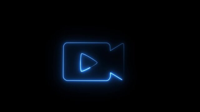 Glowing Neon Video Camera Icon on Black Background &ndash; Digital Recording, Streaming and Media Technology Concept.