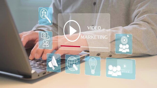 Person uses laptop, surrounded by floating video marketing icons. Shows professional digital strategy planning. Ideal for marketing, content creation, or business planning visuals