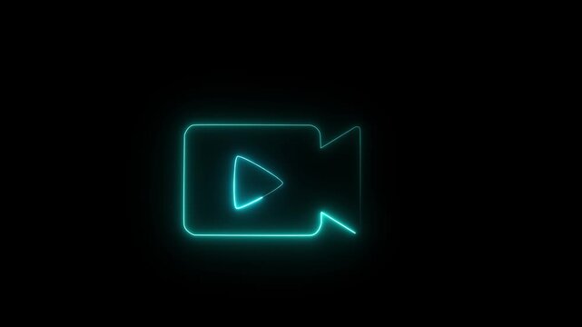 Glowing Neon Video Camera Icon on Black Background &ndash; Digital Recording, Streaming and Media Technology Concept.