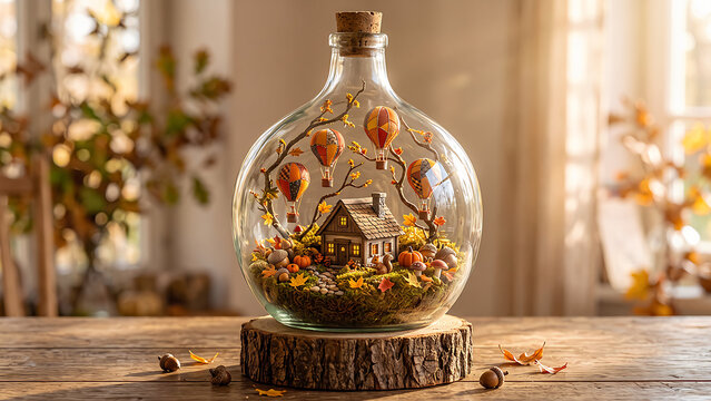 Magical miniature house inside a glass bottle with hot air balloons and autumn elements.