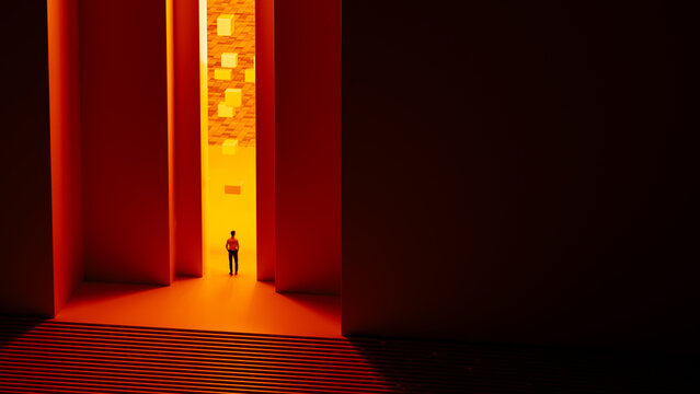 Lone Man Approaching Bright Portal in Surreal Architecture