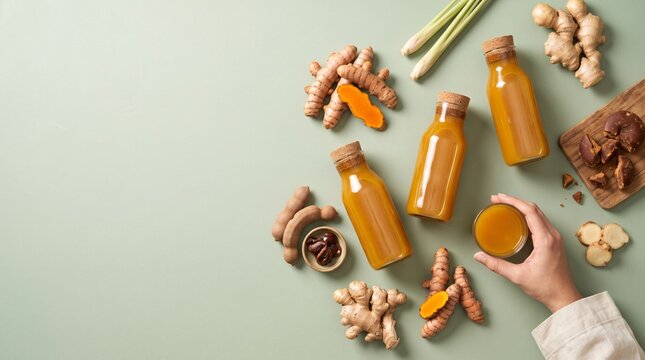 Flat lay of golden turmeric tamarind jamu herbal drink in glass bottles with fresh turmeric, ginger and tamarind, hand holding glass, copy space