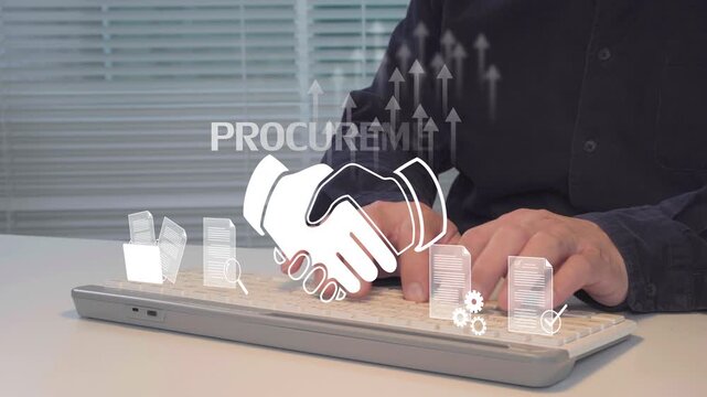 Person typing on keyboard, digital hologram of handshake and upward arrows. White text reads PROCUREMENT. Image shows digital procurement concept. Ideal for business, finance, or tech presentations