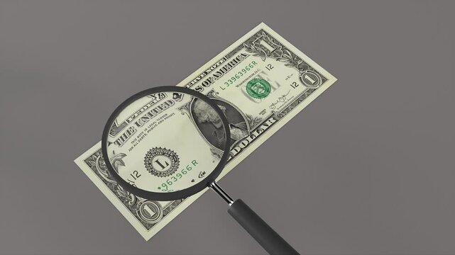Magnifying glass inspecting one US dollar bill for financial audit in a loop 3d render