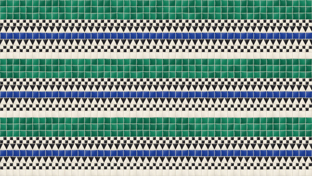 Moroccan zellige seamless pattern of emerald, cobalt and black and white wainscot band tiles with handmade glaze shading and grout lines, geometric mosaic background